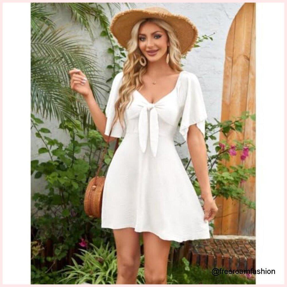 V-Neck Bow Tie Ruffle Mini Dress Casual Short Sleeve Sundress - Picture 5 of 7